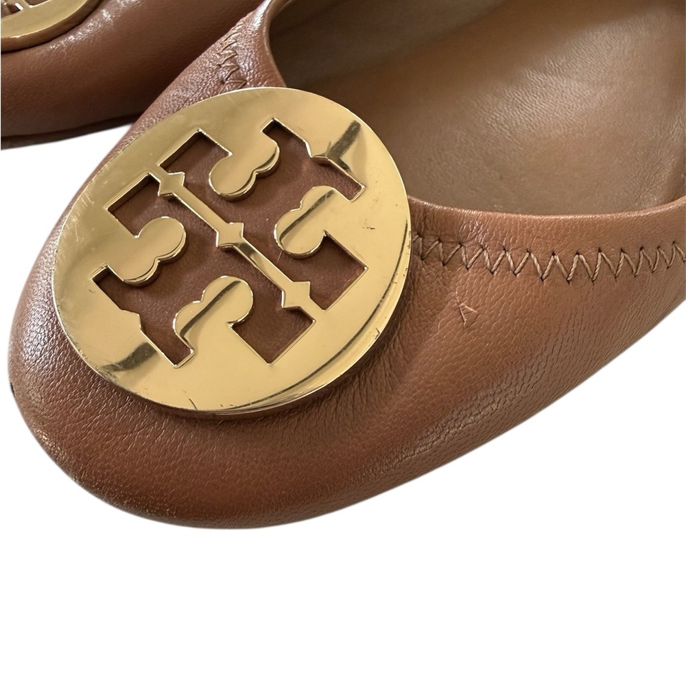 Tory Burch Brown Leather Minnie Travel Ballet Flats with Gold Logo - Picture 4 of 9